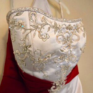 Alfred Angelo White with Claret Ribbon Wedding Dress